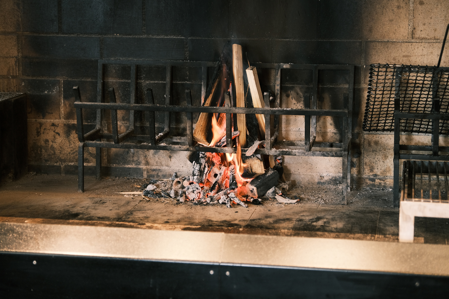 自然を感じる店内に入り、中央に構える薪火の調理場は、肉料理などのメインディッシュを客席から見えるところでシェフが手際よく焼いて提供してくれる。