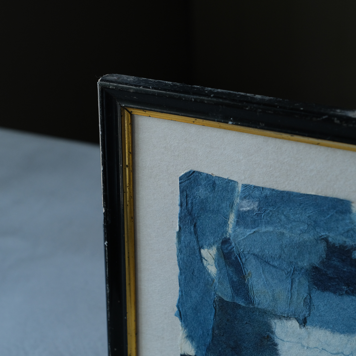 1645 藍染め和紙の額装コラージュ A REFACTORY antiques